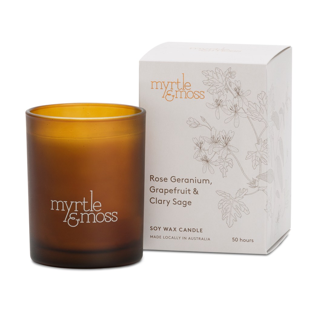 Myrtle & Moss Rose Geranium, Grapefruit & Clary Sage Soy Wax Candle 50hr