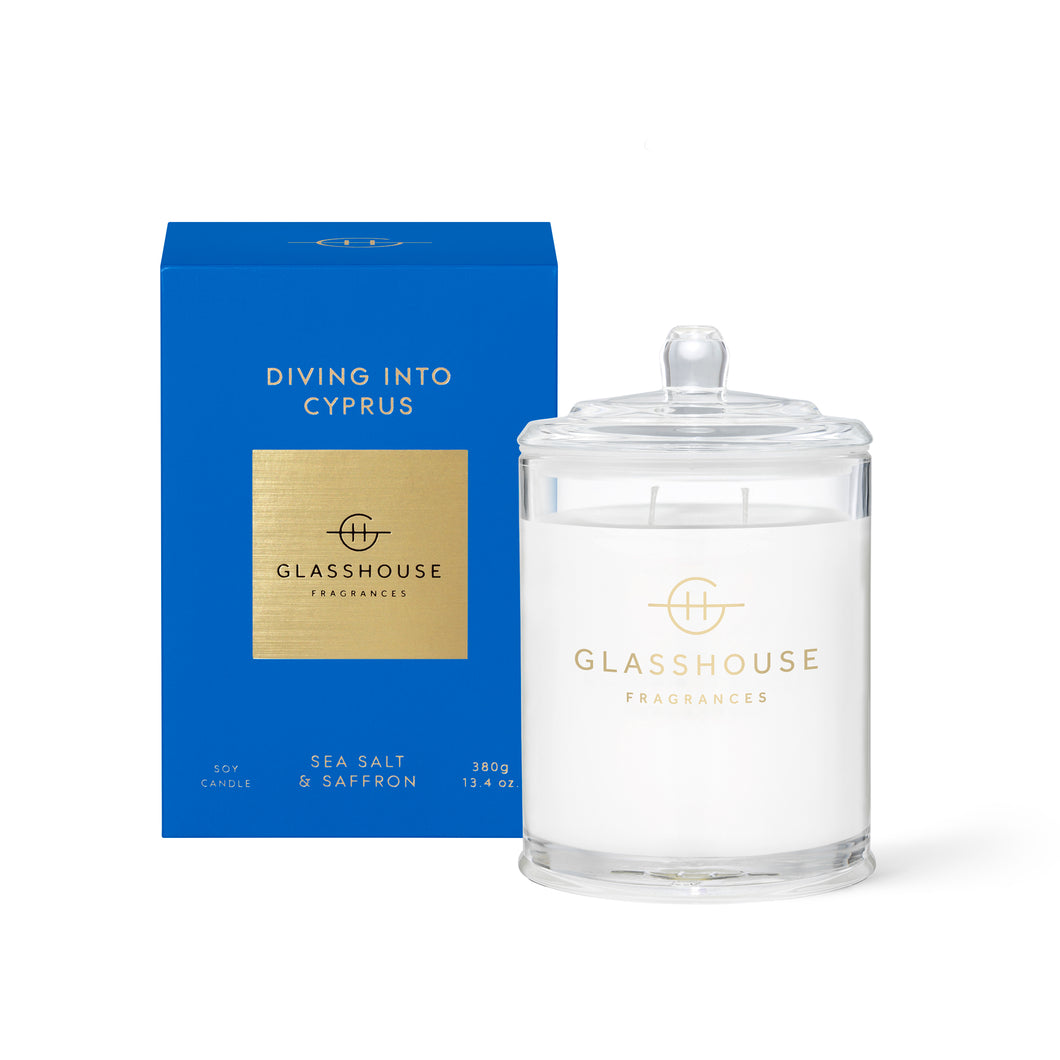 Glasshouse Fragrance Diving into Cyprus Triple Scented Soy Candle 380g | Sea Salt & Saffron