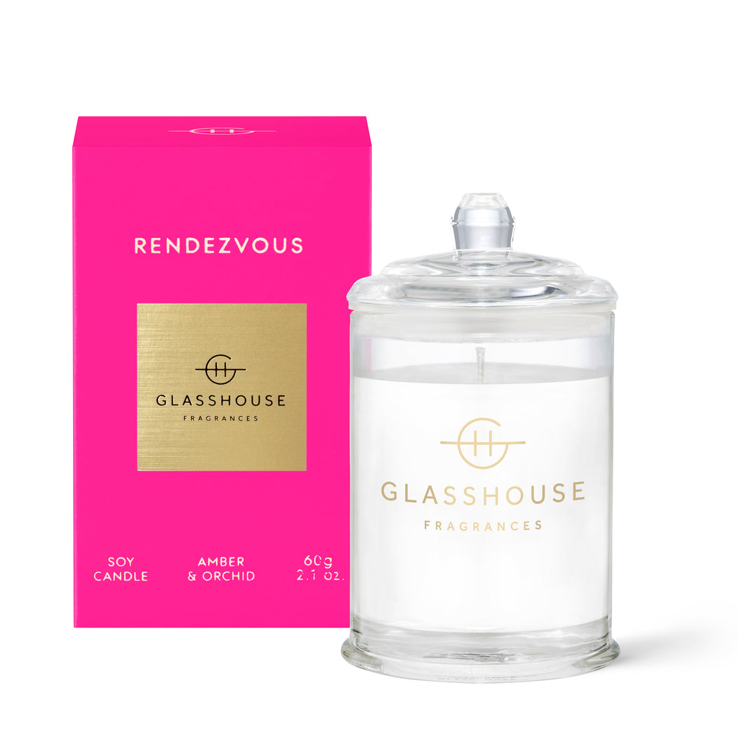 Glasshouse Fragrance Rendezvous Triple Scented Soy Candle 60g | Amber & Orchid