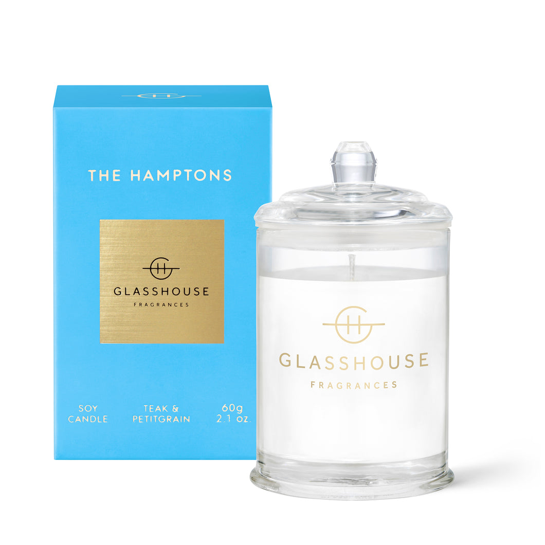 Glasshouse Fragrance The Hamptons Triple Scented Soy Candle 60g | Teak & Petitgrain