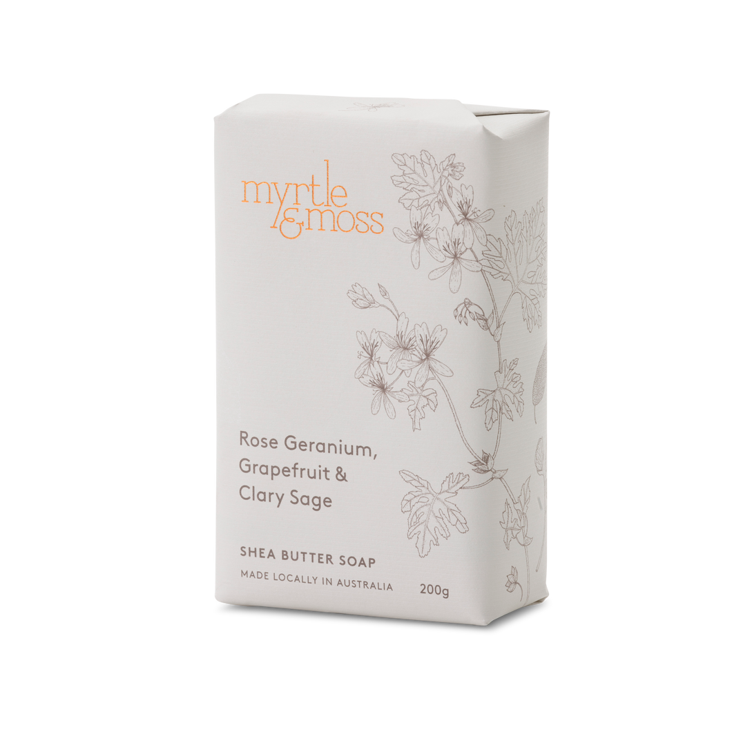 Myrtle & Moss Rose Geranium, Grapefruit & Clary Sage Shea Butter Soap 200g