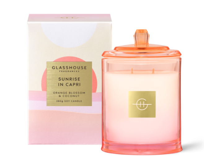 Glasshouse Fragrance Sunrise In Capri Triple Scented Soy Candle 380g | Orange Blossom & Coconut