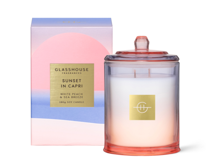 Glasshouse Fragrance Sunset In Capri Triple Scented Soy Candle 380g | White Peach & Sea Breeze