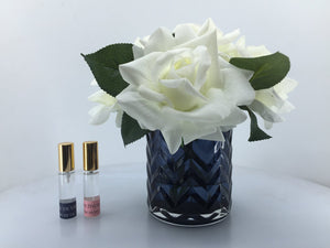 Cote Noire Herringbone Flowers I White Roses I Blue Glass